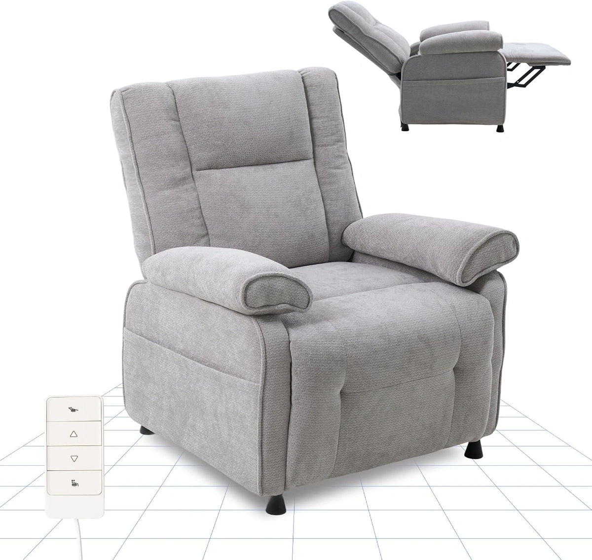 FlexiSpot Elektrische Relaxstoel met Uitklapbare Voetensteun, 2 Zijzakken, TV-Fauteuil voor Woonkamer en Slaapkamer, Lichtgrijs, grijs