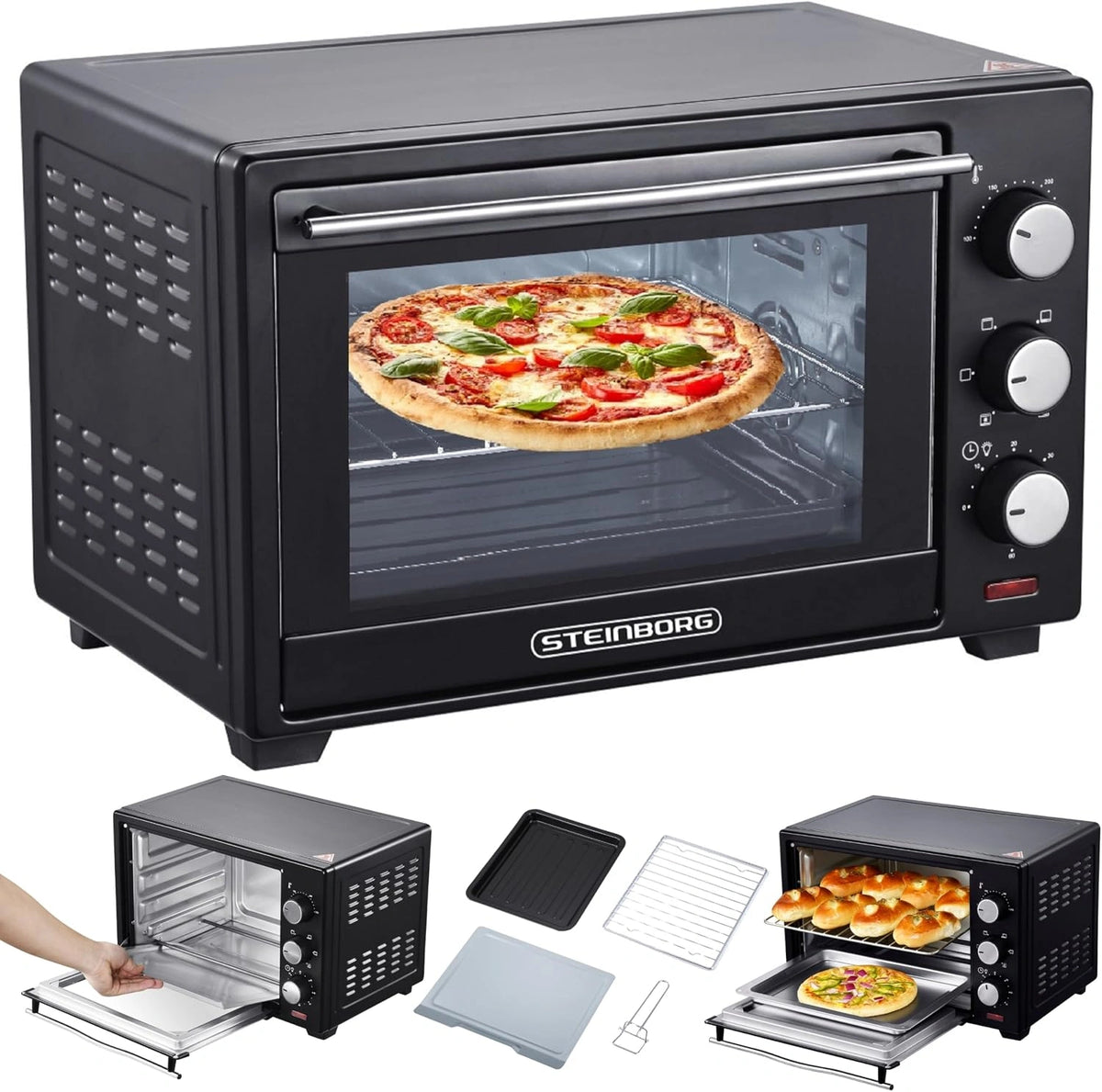 STEInBORG Mini-oven 25 liter, pizzaoven, 3-in-1 oven, mini-oven, kruimelopvangplaat, boog- en bodemwarmte, convectie, timer 60 minuten, 1600 W, zwart