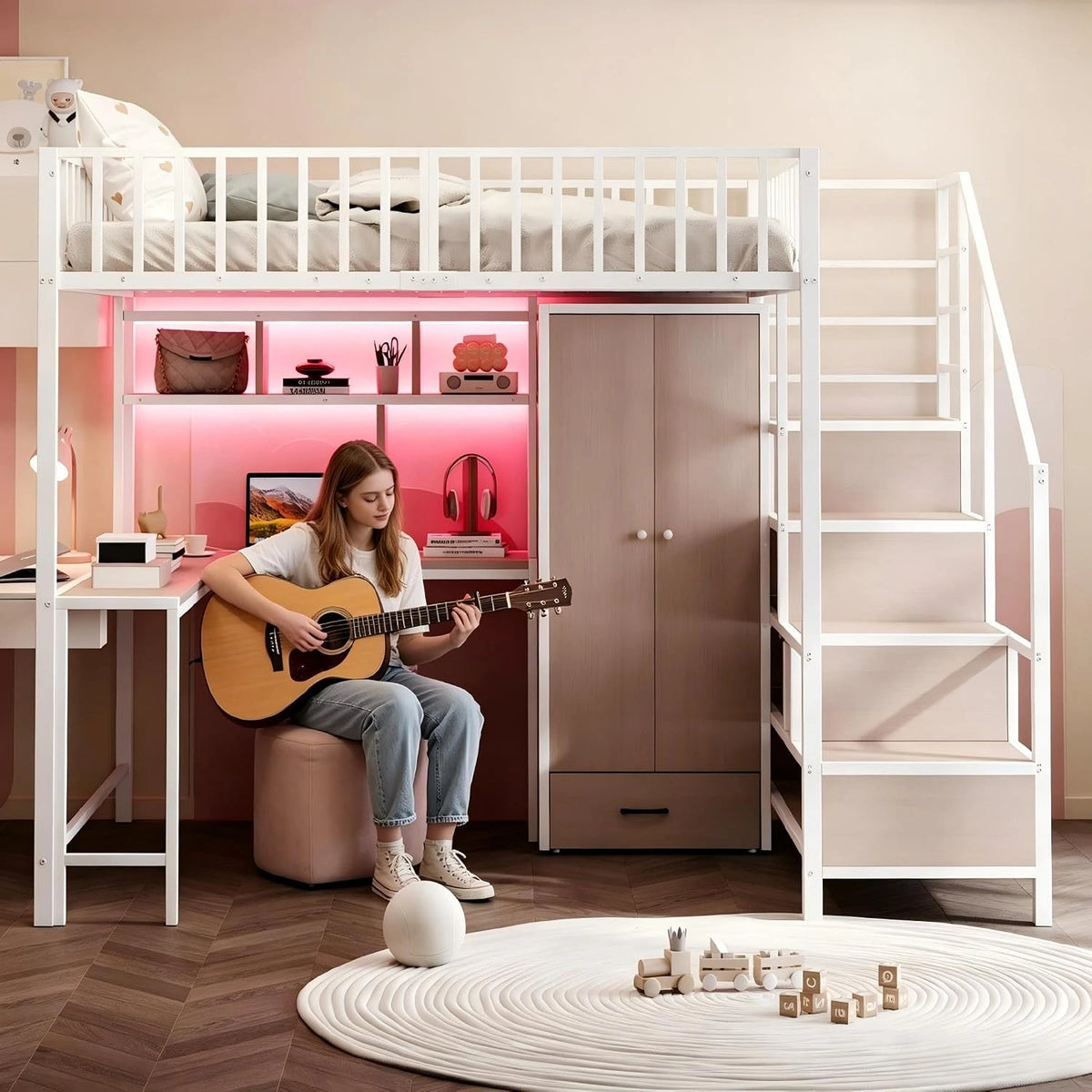 Su & Chan Legence Hoogslaper, 140 x 200 cm, metalen bed met bureau, plank, kledingkast en laden, stapelbed met opbergladder, laadbus en led