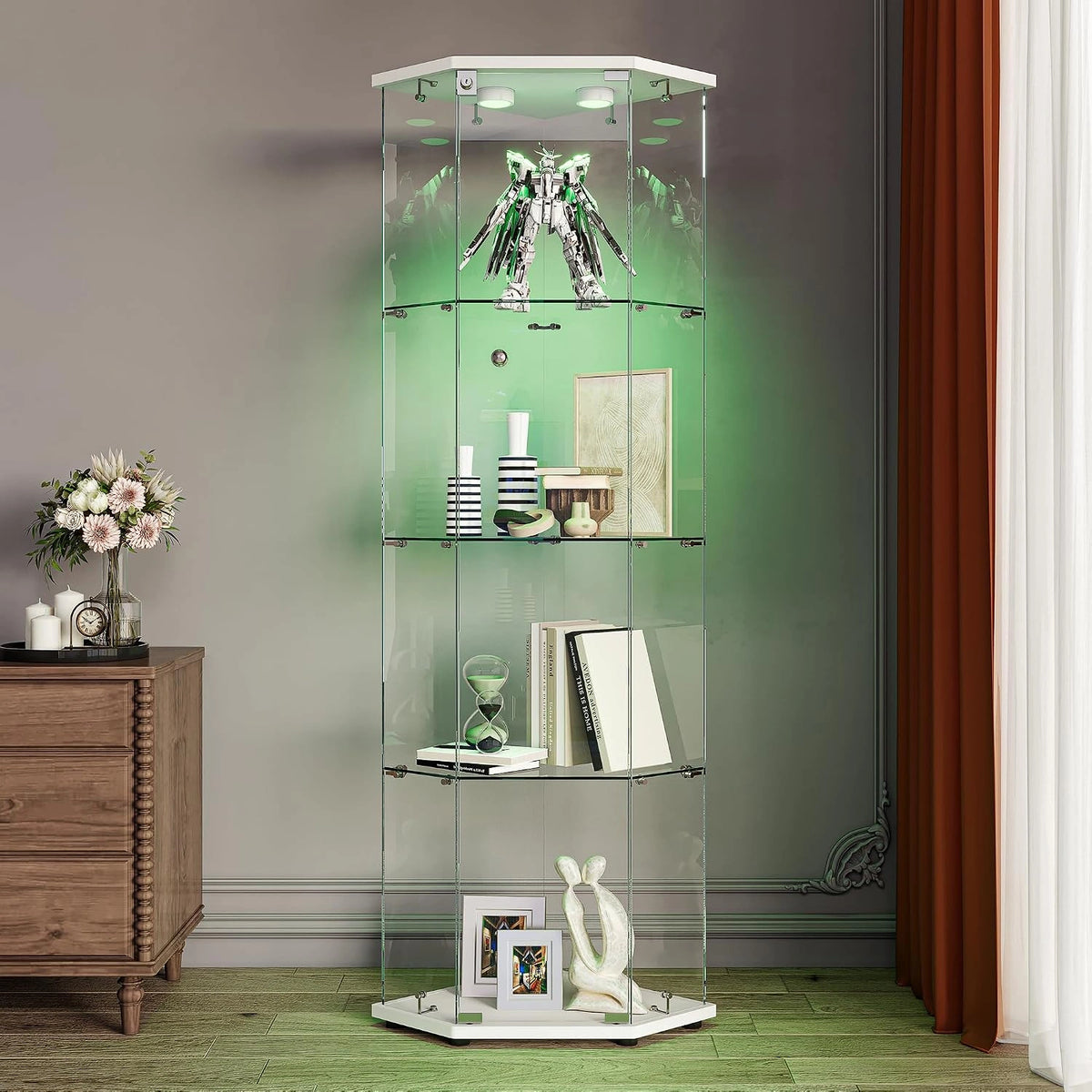Hoekvitrine, glazen vitrinekast, vitrinekast met ledlicht en slot, 1 deur, 4 etages, moderne glazen vitrinekast voor verzamelstukken