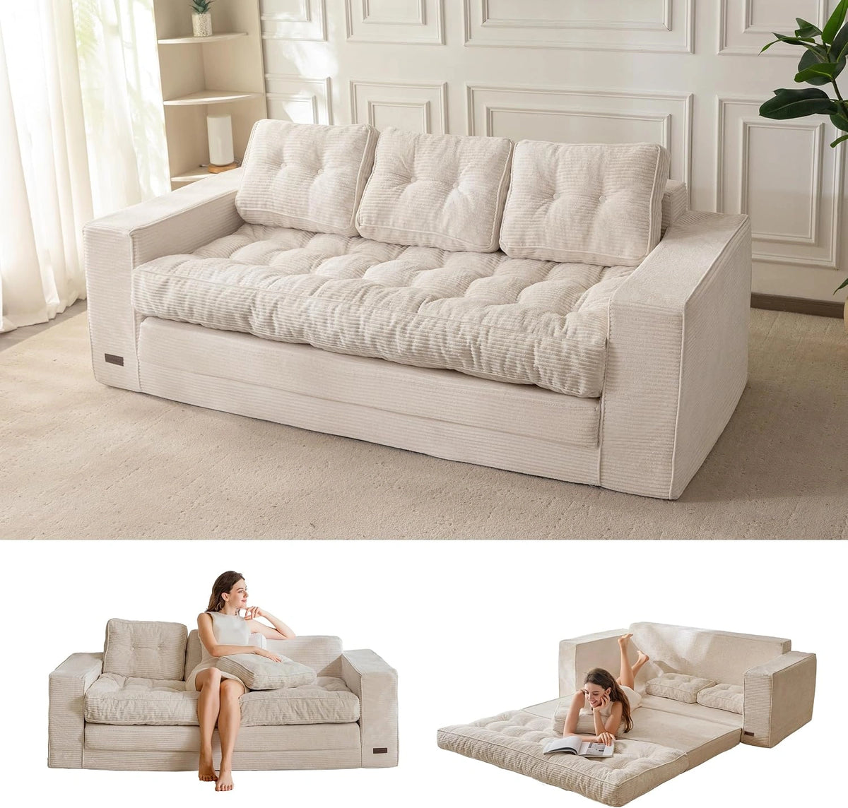 MAXYOYO Vloerbank, Slaapbank, 190 cm Breed, Met Kussen, 2-in-1 Inklapbaar Corduroy 3-zits Met Slaapfunctie, Ligoppervlak 101 x 196 cm, voor Woonkamer