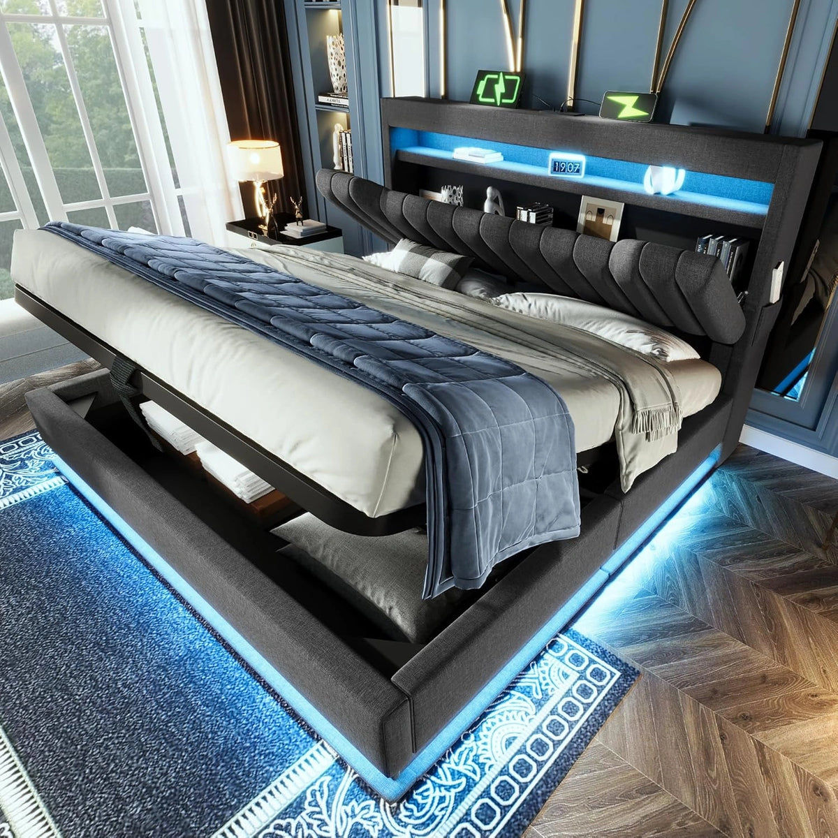 Bekleed bed 180x200 cm, tweepersoonsbed met hydraulische opbergruimte en LED-verlichting, opbergbed