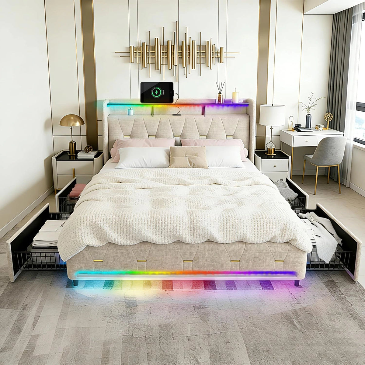160x200 cm linnen bedframe met laden, beige