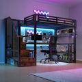Hoogslaper, 90 x 200 cm, met bureau en led, ijzeren frame, metalen bed met 2 USB-poorten en 1 type C-aansluiting, trap met opbergruimte, opbergrek