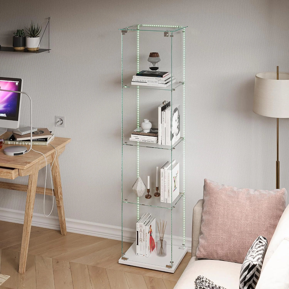 Glasvitrine met LED-verlichting, vitrinekast met slot, stofdichte glazen vitrine voor collecties