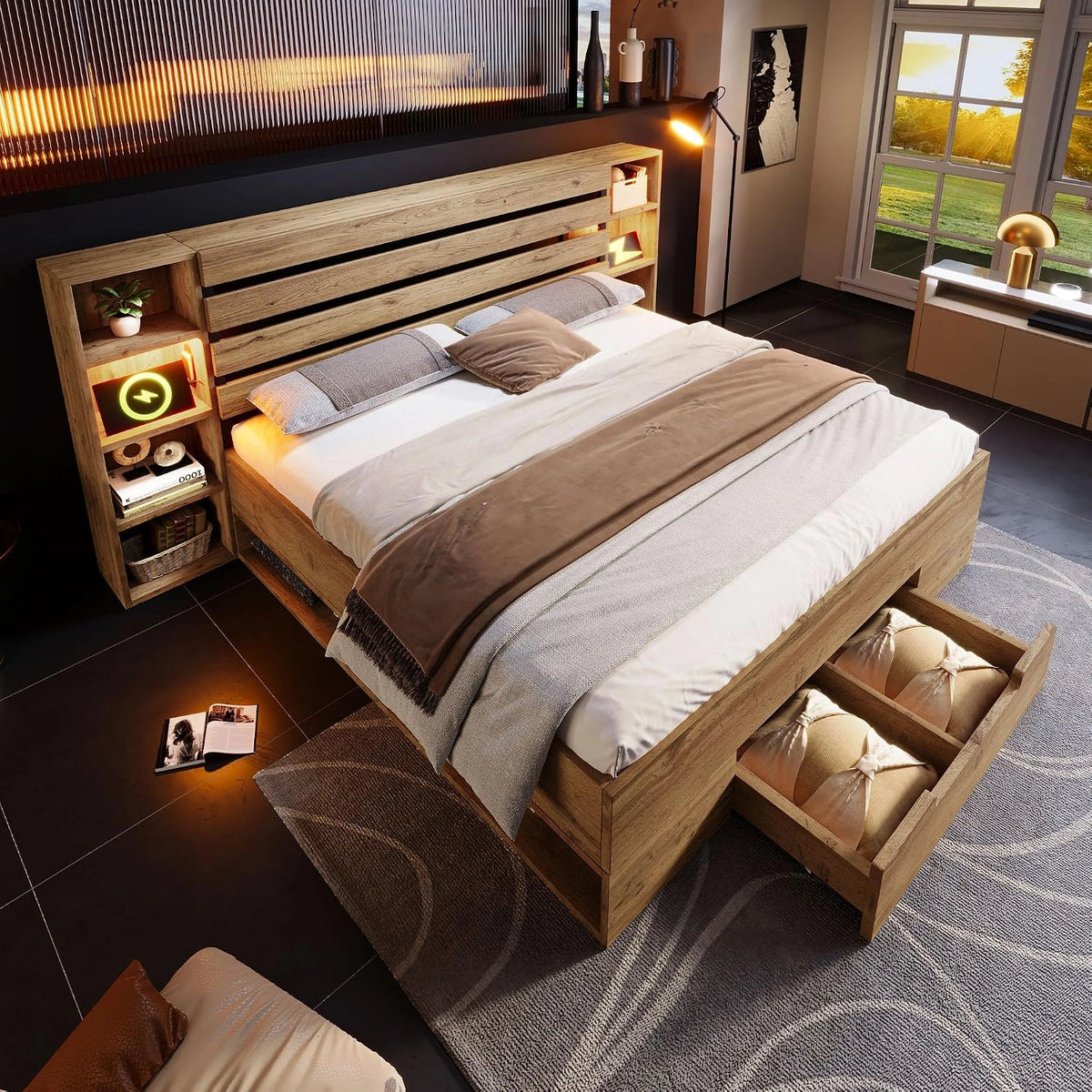 Sapgaks Bed 160 × 200 cm, met lattenbodem met led en USB-poort, kist, 160 x 200 cm, dubbel gevoerde laden, bedframe voor 2 personen met opslag