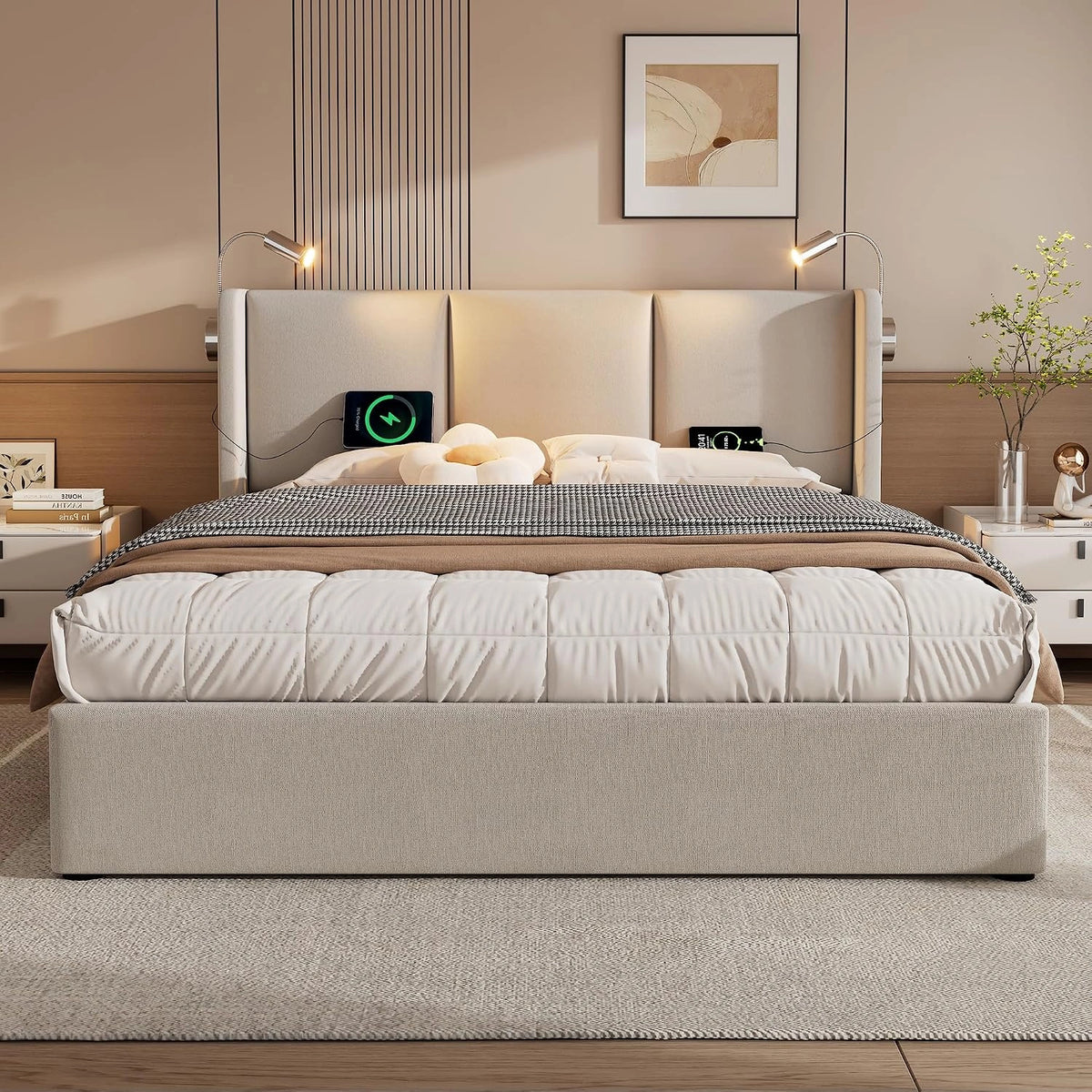 Bed 160x200 met leeslamp en USB, gestoffeerd bed 160x200 cm met opbergruimte en hoofdeinde, tweepersoonsbed met lade en laadfunctie en lattenbodem
