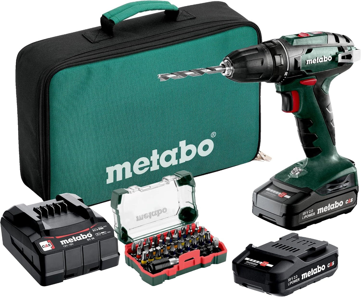 Metabo BS 18 Accu-Boorschroefmachine, 18 V Boormachine met 32-Delige Bitset, wit