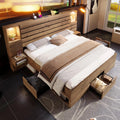 Houten bed, 160 x 200 cm, tweepersoonsbed met led-downlights en USB Type-C, verlichte nis, zwevende nachtkastjes