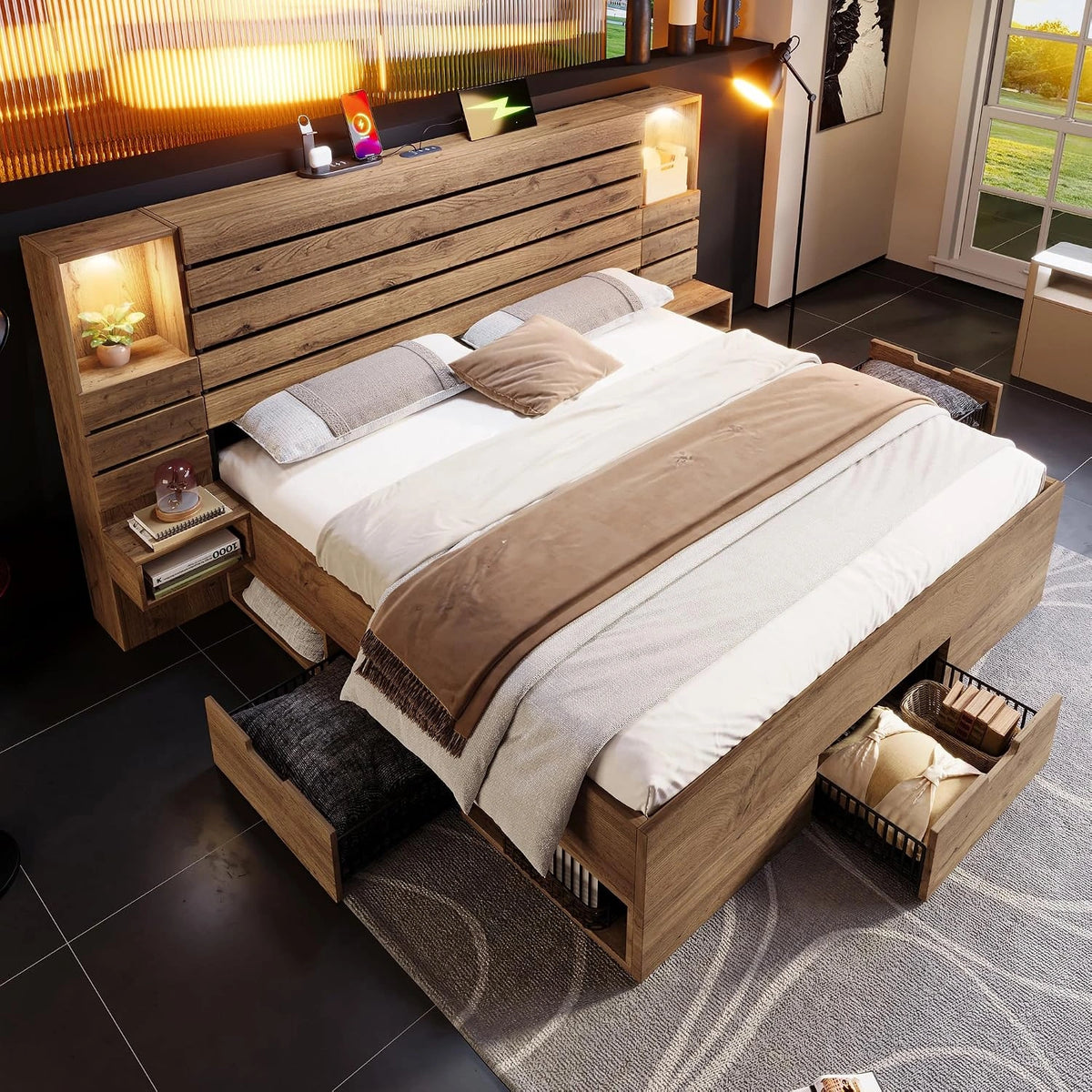 Houten bed, 160 x 200 cm, tweepersoonsbed met led-downlights en USB Type-C, verlichte nis, zwevende nachtkastjes