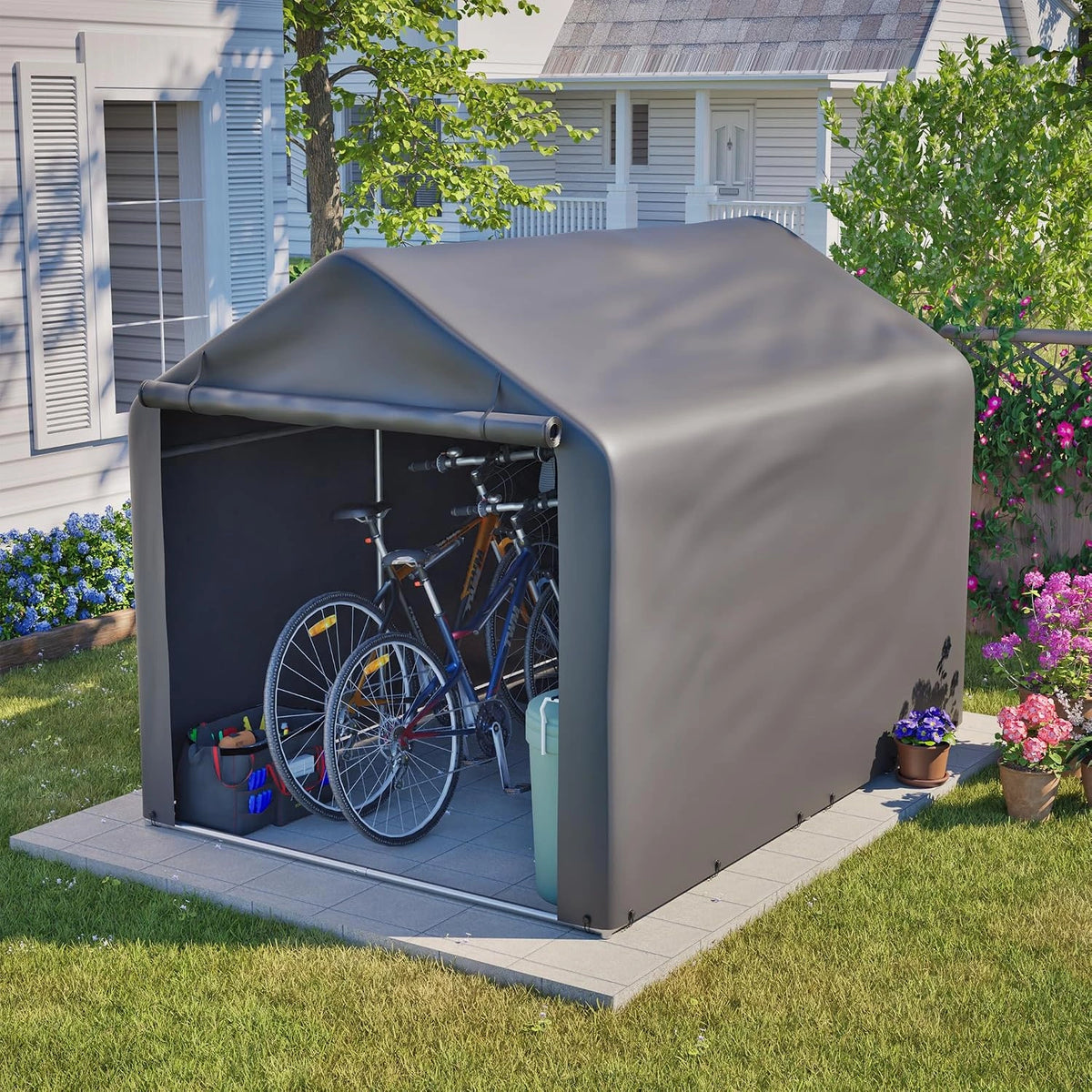 Fietsgarage 160 x 220 x 165 cm met roldeur, waterdicht en weerbestendig gereedschapsschuur, robuust tuinhuis voor fietsen, e-bikes en outdoor-opslag