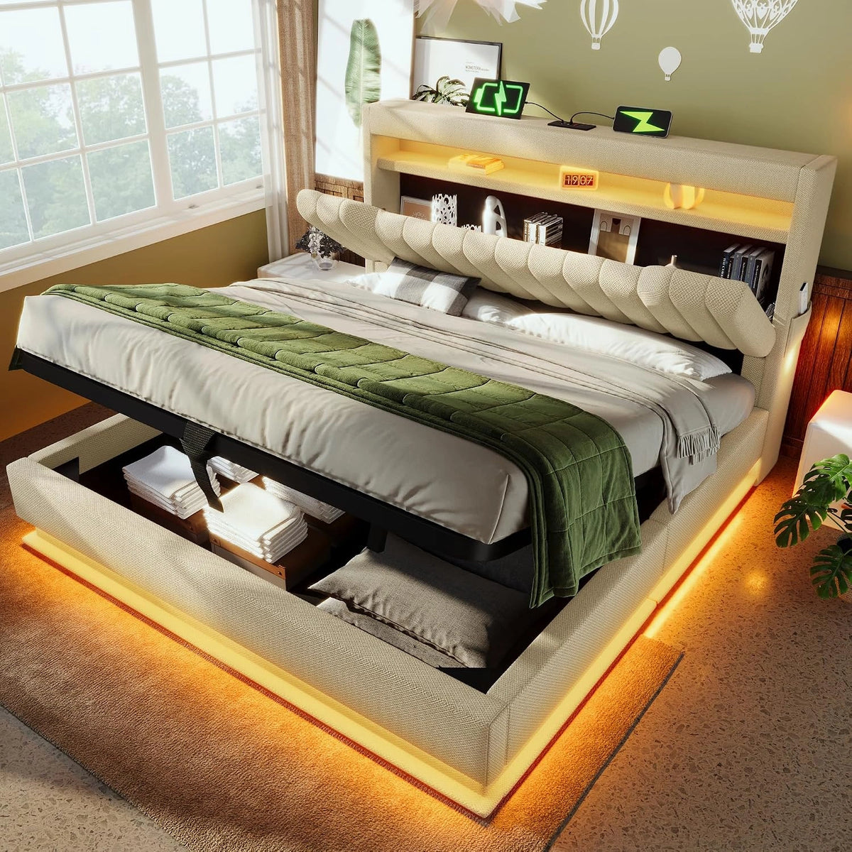Bedje 180x200 cm, tweepersoonsbed met hydraulische opbergruimte en LED-verlichting, opbergbed, hoofdeinde met opbergvak en USB- en Type-C