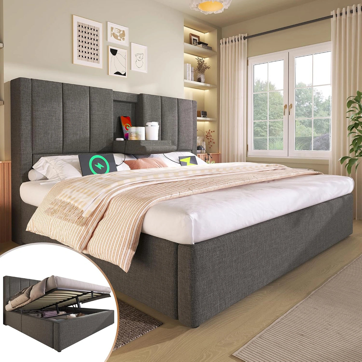 Dolamaní Bed 160x200 cm linnen, tweepersoonsbed met verborgen bekerhouder & USB in het hoofdeinde, hydraulische opbergruimte
